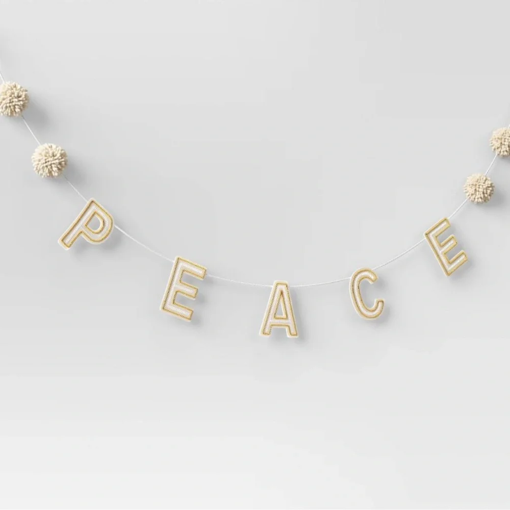 NEW Wondershop 6' White/Gold Sequined “Peace” Decorative Pom Garland